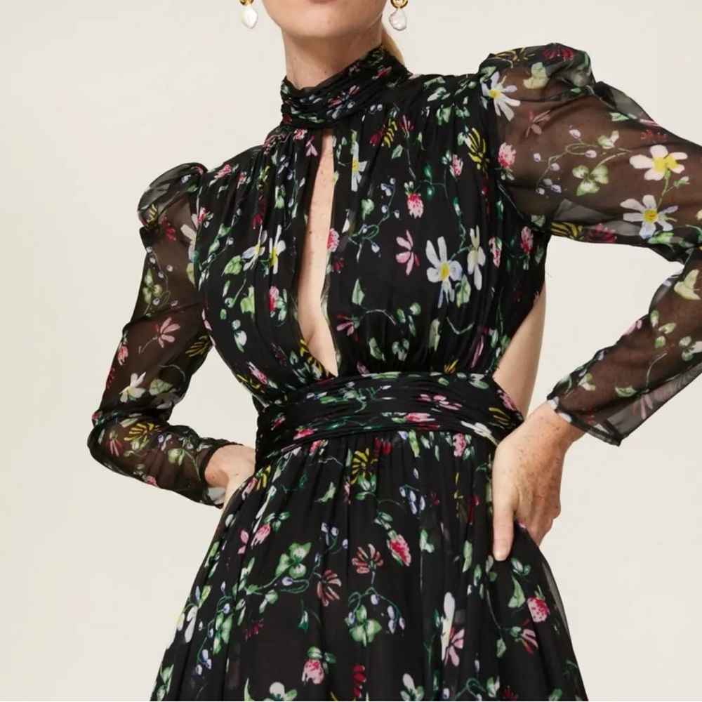 Ieena for Mac Duggal Tie Back Black Floral Gown long sleeve high neck